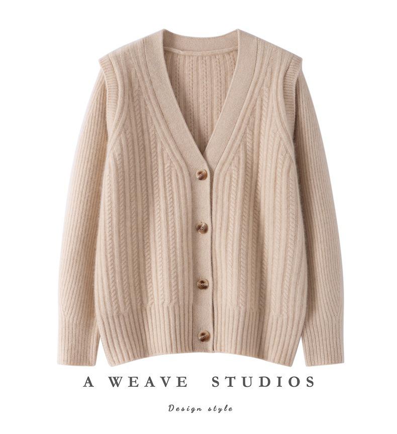 Women's V-Neck Cashmere Cardigan - 2025 Fall/Winter: Ribbed, Gentle, Slimming, Loose-Fit Short Jacket