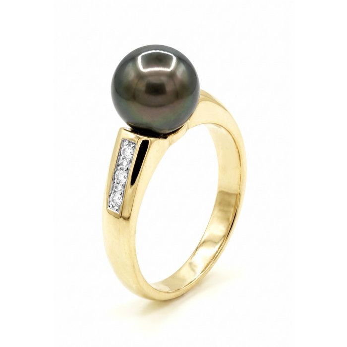 Bague - Pearls & Colors - Perle de Culture de Tahiti 8-9 mm Rondes - Or Jaune 375/1000 - Qualité A+ - Diamant - Femme