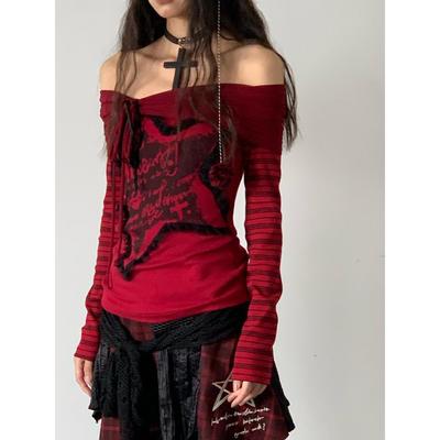 Gothic Off Shoulder Women Trička Červené Harajuku Pruhované Japonské Y2k Estetické Topy s dlouhým rukávem Vintage Goth Sexy trička