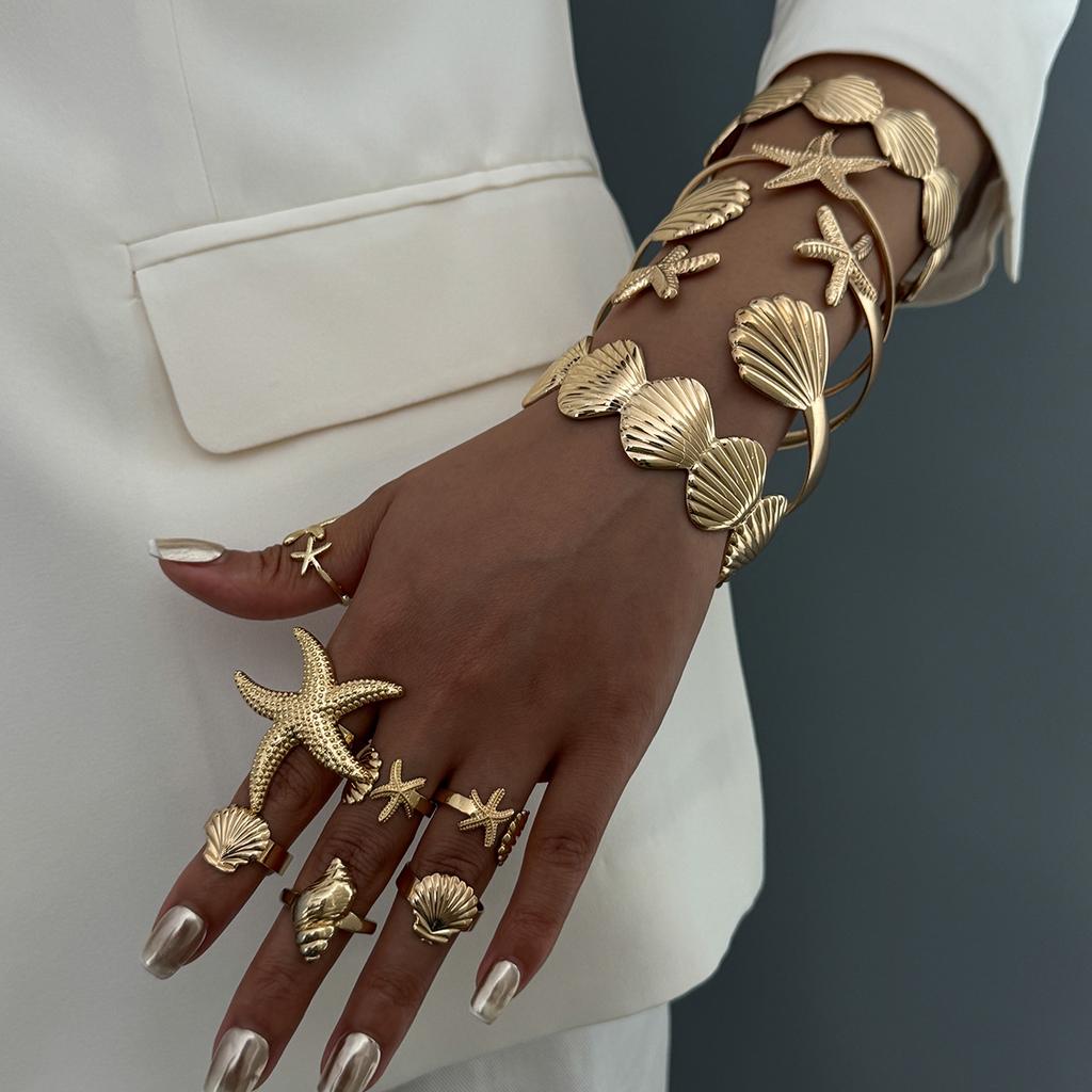 Fashion Style Metal Starfish Scallop Shell Bracelet, Design Sense Geometric Opening Bracelet Set Women