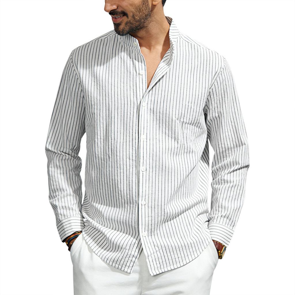 Men Casual Business Loose Stand Collar Long Sleeve Vertical Stripe Shirt
