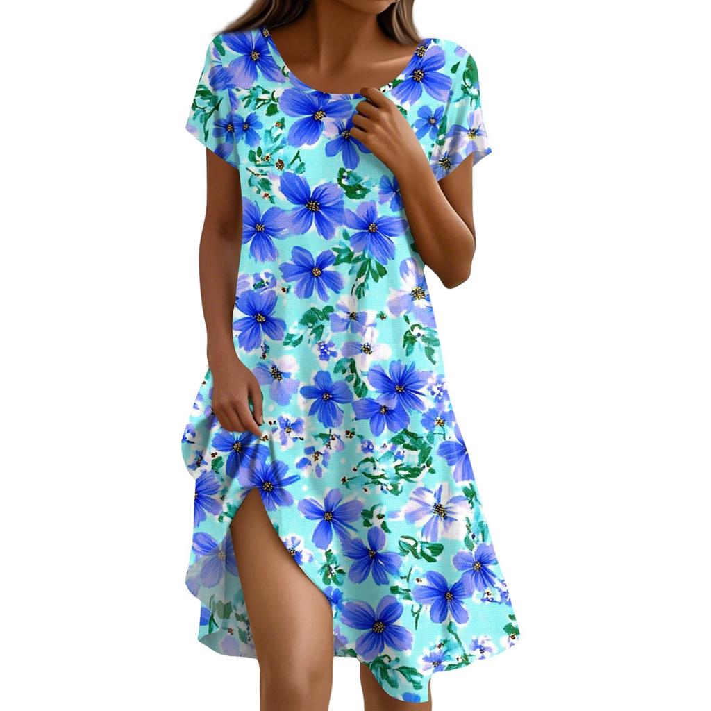 Women's Summer Short Sleeve Round Neck Floral Print Bohemian Dress With Pockets