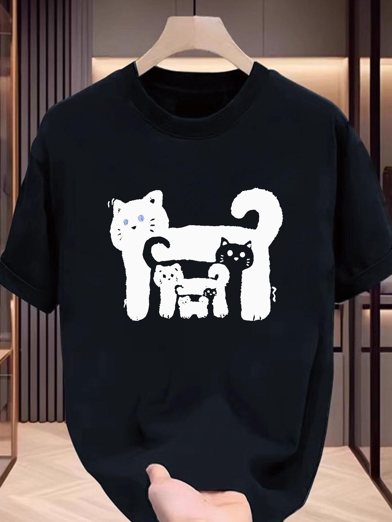 Casual T-shirt - Soft Breathable Cotton Shirt with Black & White Cat Graphic M