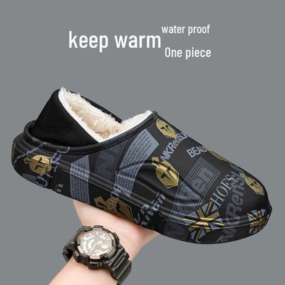 Men's Winter Waterproof Fleece-Lined Cotton Slippers - Plus Size, Dual-Use, Wrap-Heel, Half-Slippers for Outdoor & Home Use