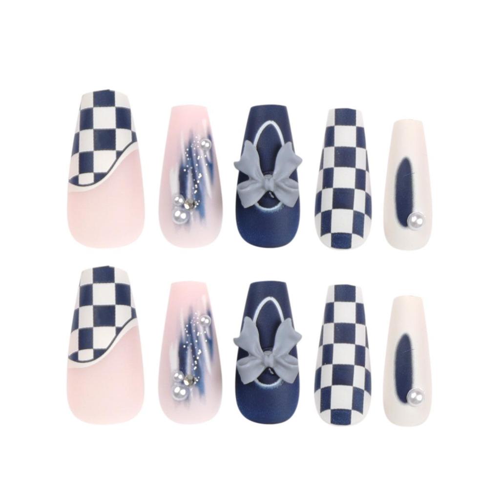 Checkerboard Patchwork Bow Pearl Blue Press-On Nails for Autumn/Winter