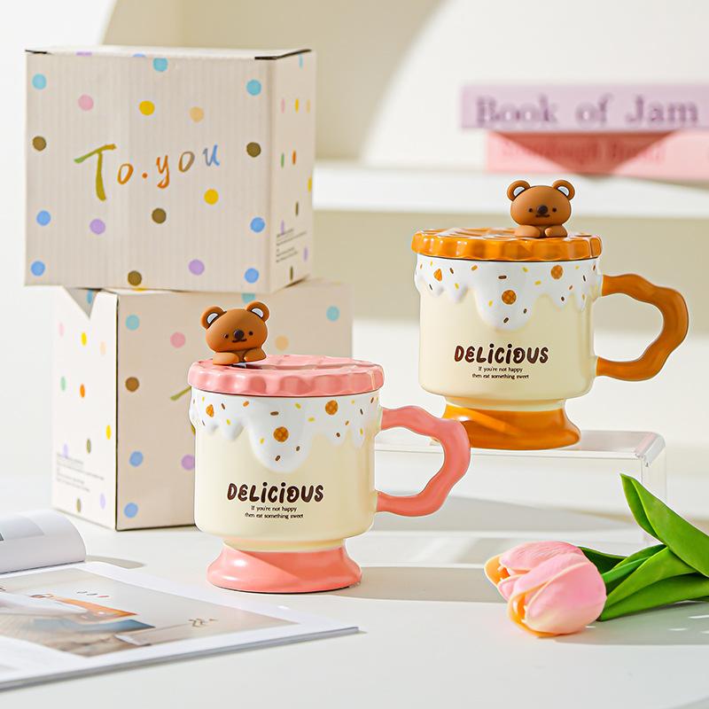 Tecknad Söt Björn Kakor Keramisk Mugg med Lock Högt Värde Kontors Vattenkopp Souvenirgåva Mugg