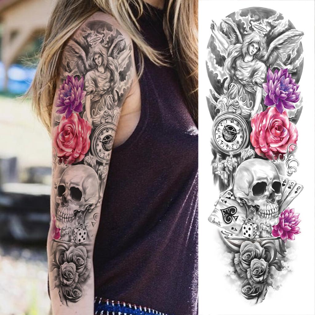 1 Sheet Long Sleeve Temporary Tattoos For Men Women Flower Skull Lion Wolf Tiger Nun Fox Compass Tattoo Sticker Body Art Arm Leg