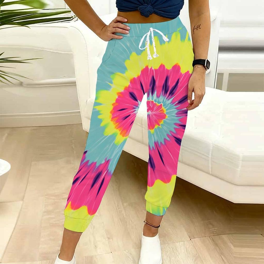 Letnie damskie spodnie dresowe z nadrukiem tie-dye w rozpryskach tuszu, luźny krój, ze sznurkiem, ściągacze, elastyczny mankiet, codzienne spodnie