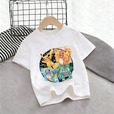 2026 Kids Pokemon T-Shirt Pikachu Charmander Squirtle Bulbasaur Graphic Tee Boys Girls Summer Short Sleeve Adult Casual Tops
