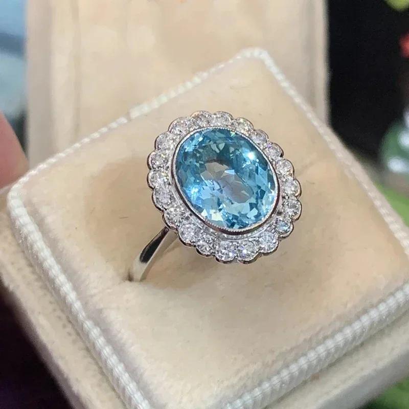 New Gorgeous Oval Sky Blue CZ Rings for Women Bling Vintage Accessories Elegant Lady's Finger Party Jewelry