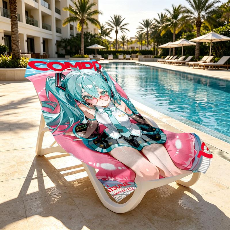 Hatsune Miku Print Beach Towel Design, Soft, Lightweight. for Home Bathroom, Spa, Pool, Yoga, Surfing, Camping, Gift for Family, Friend