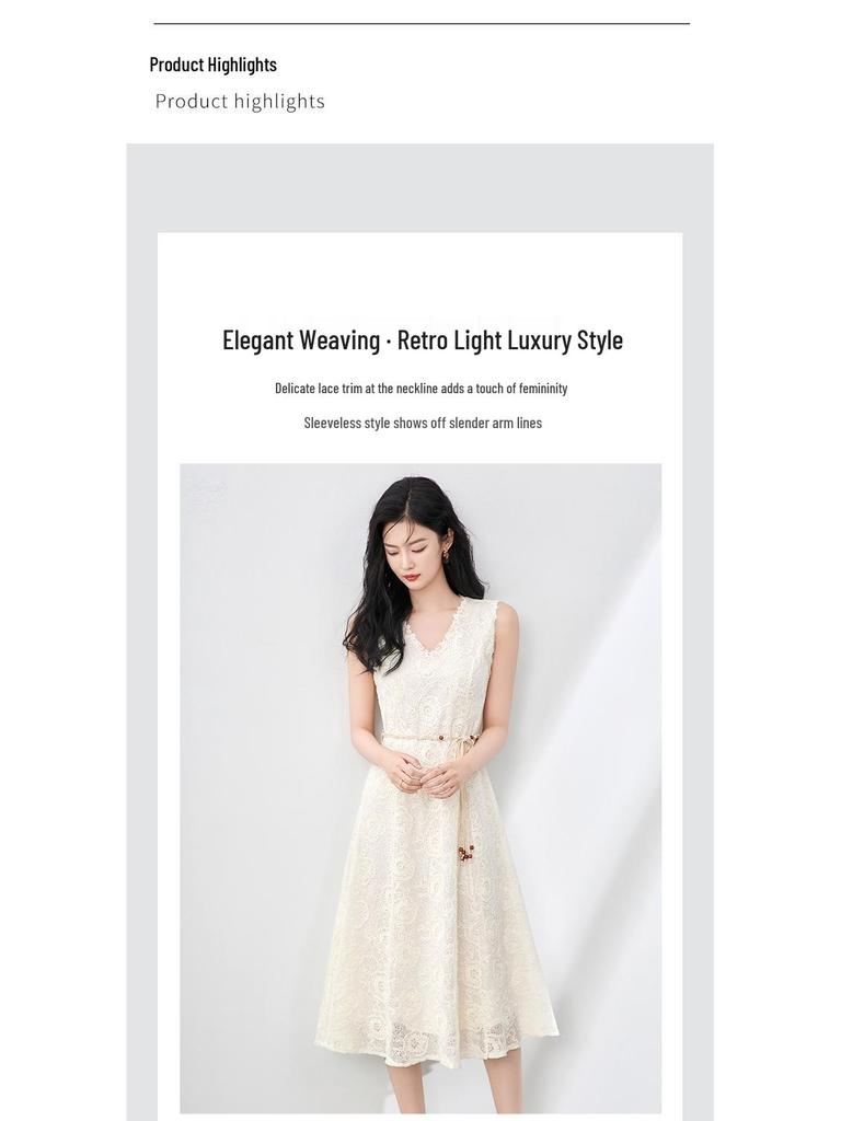 Nanyou Elegant Handmade Shell V-neck Embroidered Sleeveless Dress - Summer Vacation Style