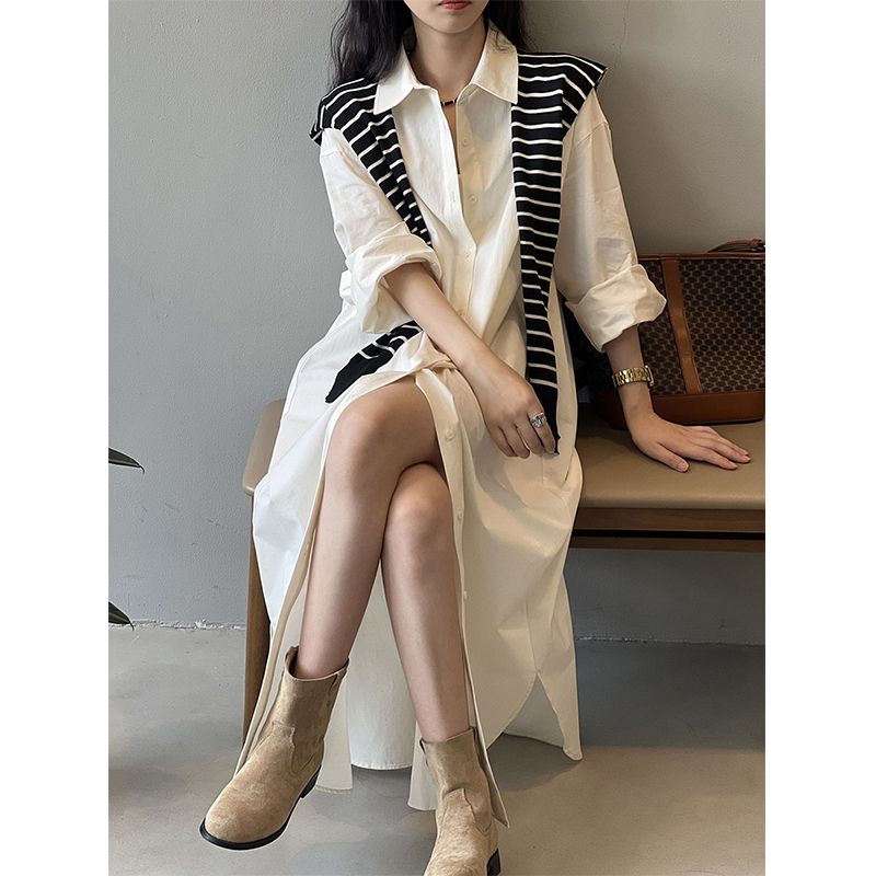 

Light-Colored Single-Breasted Asymmetrical Side Slit Shirt-Style Dress Women s Straight-leg Temperament Long Dress Neapolitan Skirt Meters apricot M