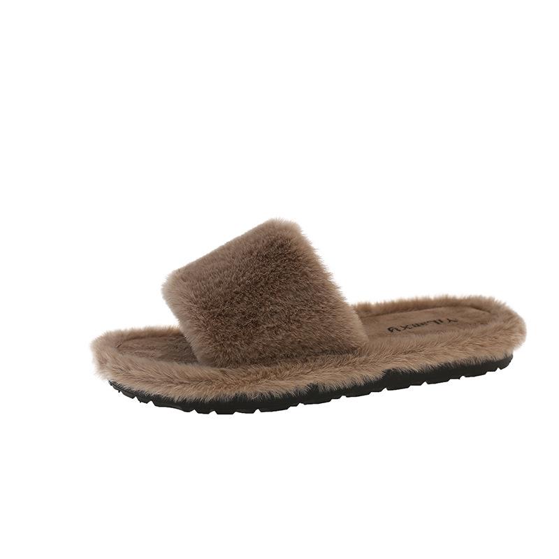 2025 autumn and winter one-word slippers home leisure plush slippers women's warm fluffy slippers women's new models