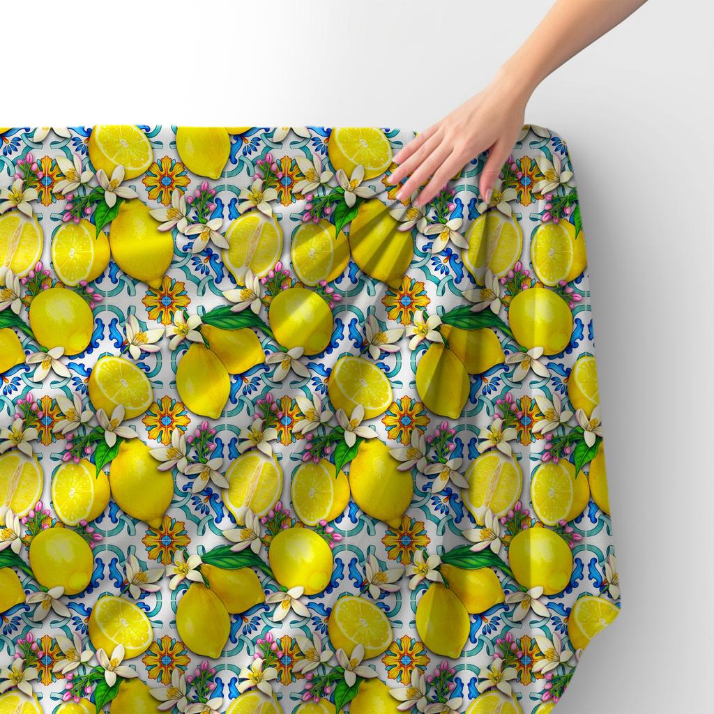 Tessuto di Velluto Royal Poliestere Per Cucire - Motivo Limoni E Fiori