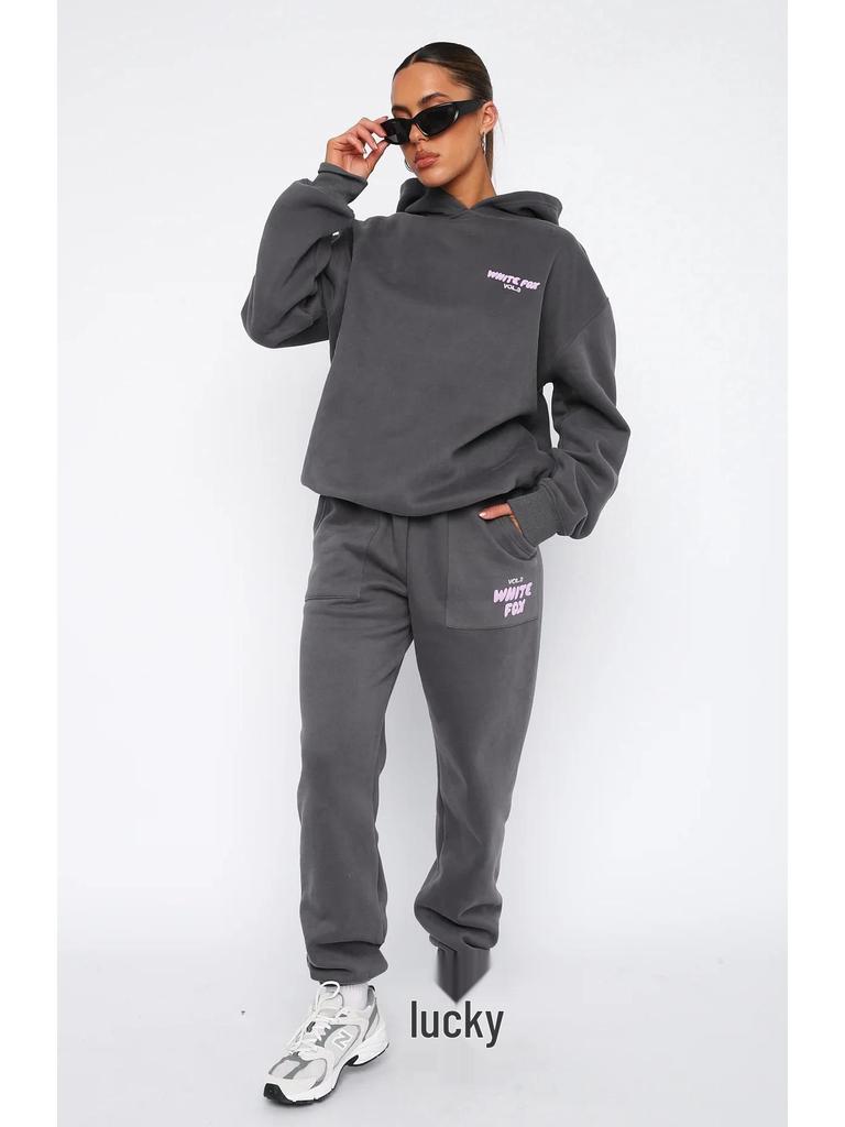 Conjunto de Sudadera con Capucha de Forro Polar para Mujer de Tendencia Americana y Pantalón de Chándal - Estilo Hip Hop Skateboard