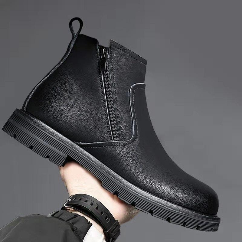 Zimowe Czarne Skórzane Buty dla Mężczyzn Buty Ciepłe Buty na Zamek Męskie Buty Biznesowe Codzienne Wysokie Buty Mężczyzna Kostki Okrągły Nosek