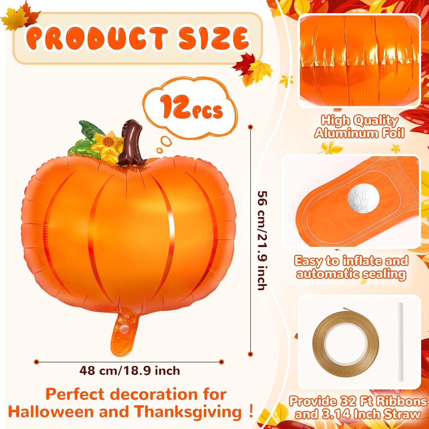 12 Pcs Pumpkin Balloons, 22 Inch Halloween Thanksgiving Foil Balloons, Mylar Fall Balloon Autumn Harvest Balloon for Thanksgiving Halloween Autumn