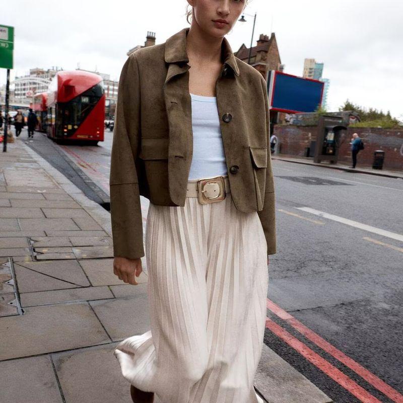 Za Autumn New Arrivals Women's Clothing Zr European and American Style Belted Suede Effect Pleated Midi Skirt 3046252 711