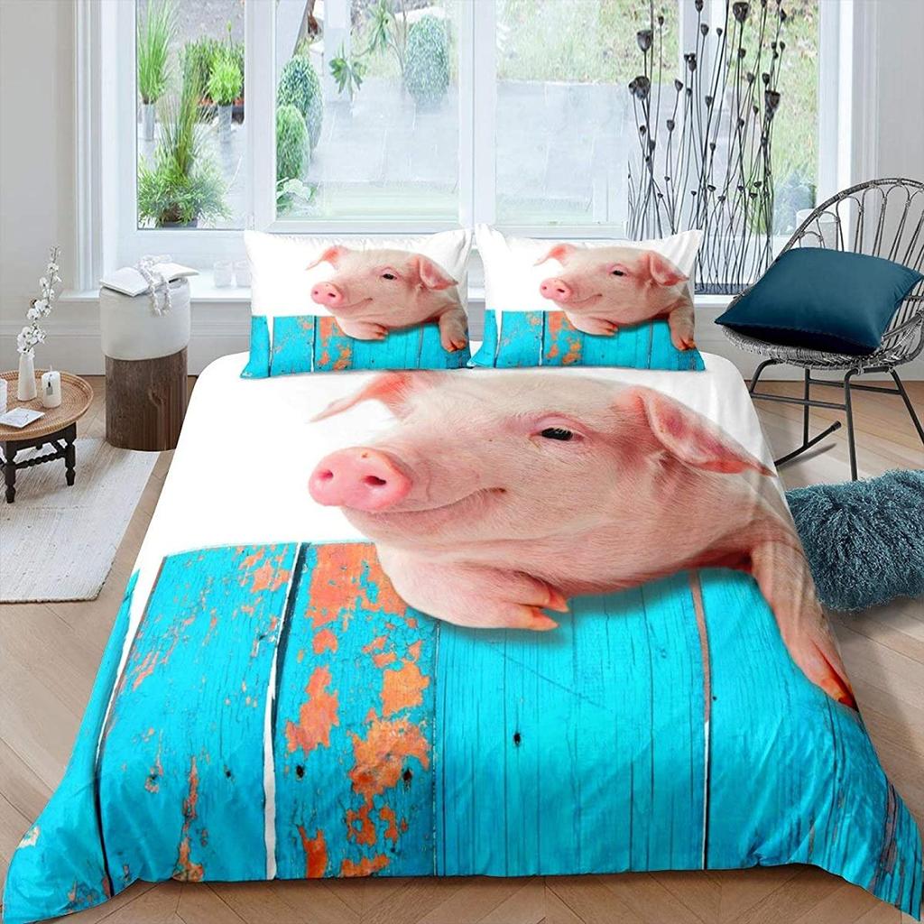 Pig Duvet Cover Set Cute Cartoon Pig Pattern Polyester Comforter Cover With Pillowcase King Queen Size For Kids Girl Bedding Set