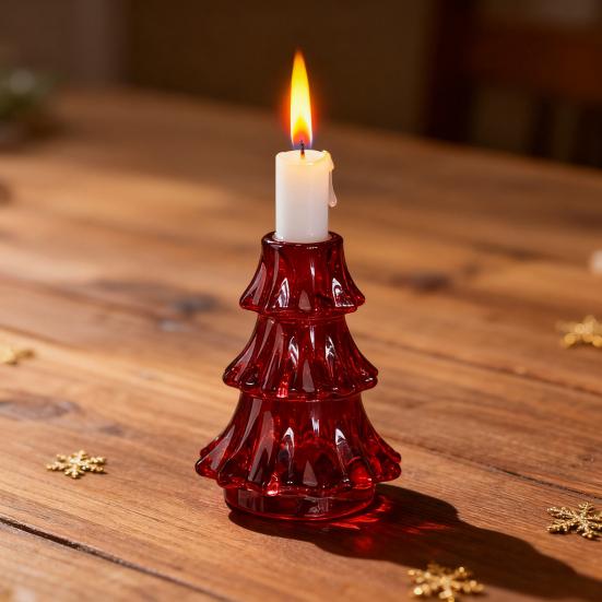 Christmas Tree Candlestick Glass Pillar Candle Holder Vintage Ribbed Taper Candle Holder for Festive Dining Table Decoration