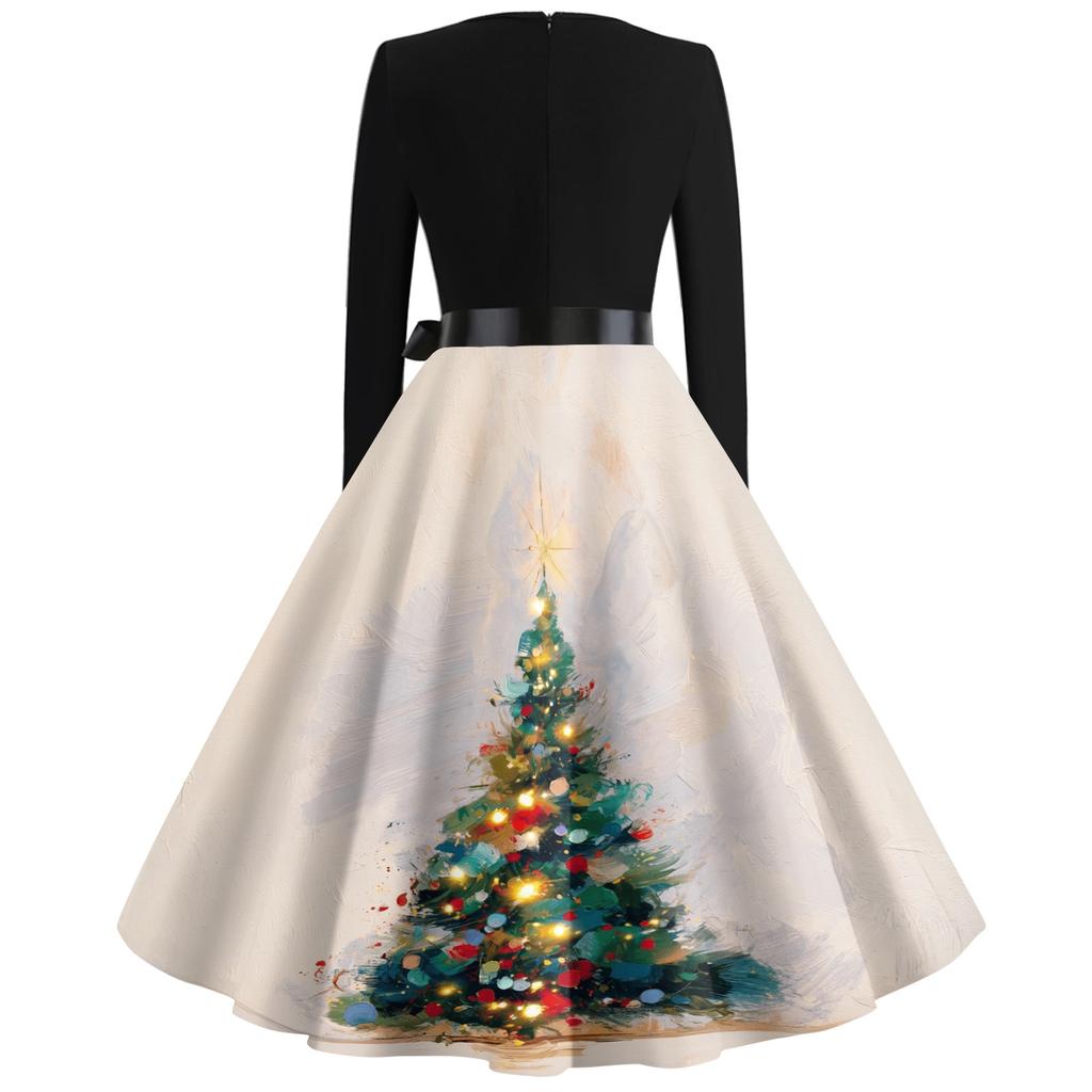 Women's Vintage V-Neck Long Sleeve Christmas Print Casual Dress