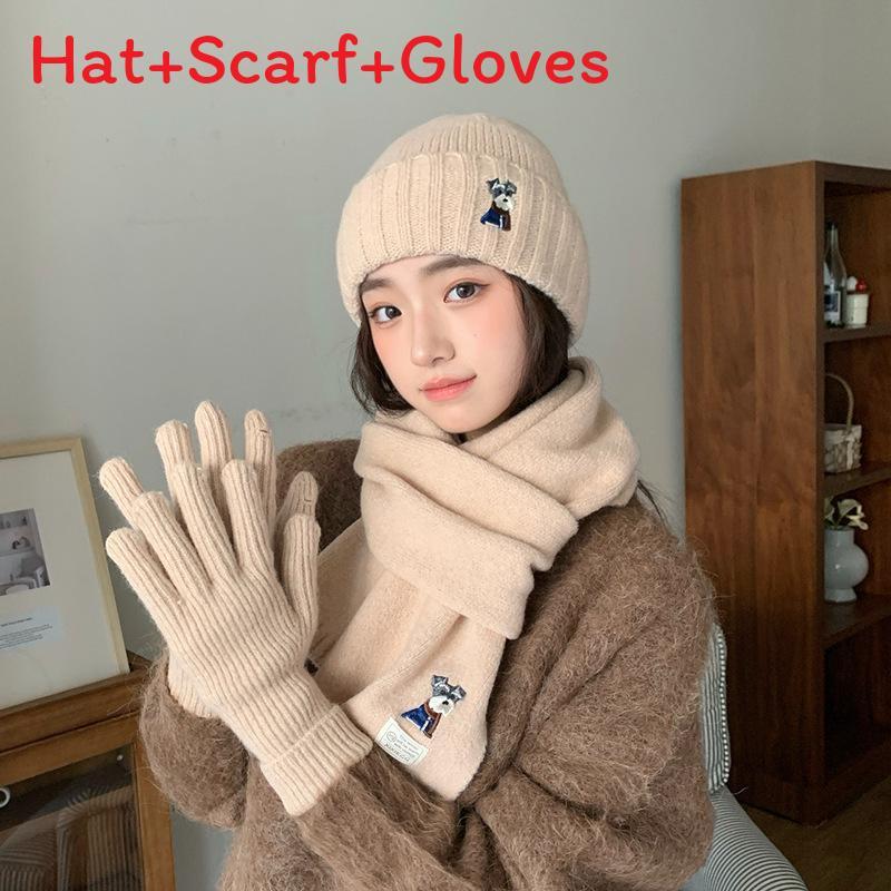 

Wool Blend Knit Dog Design Winter Beanie And Scarf Set For Ladies Cold Weather бежевий
