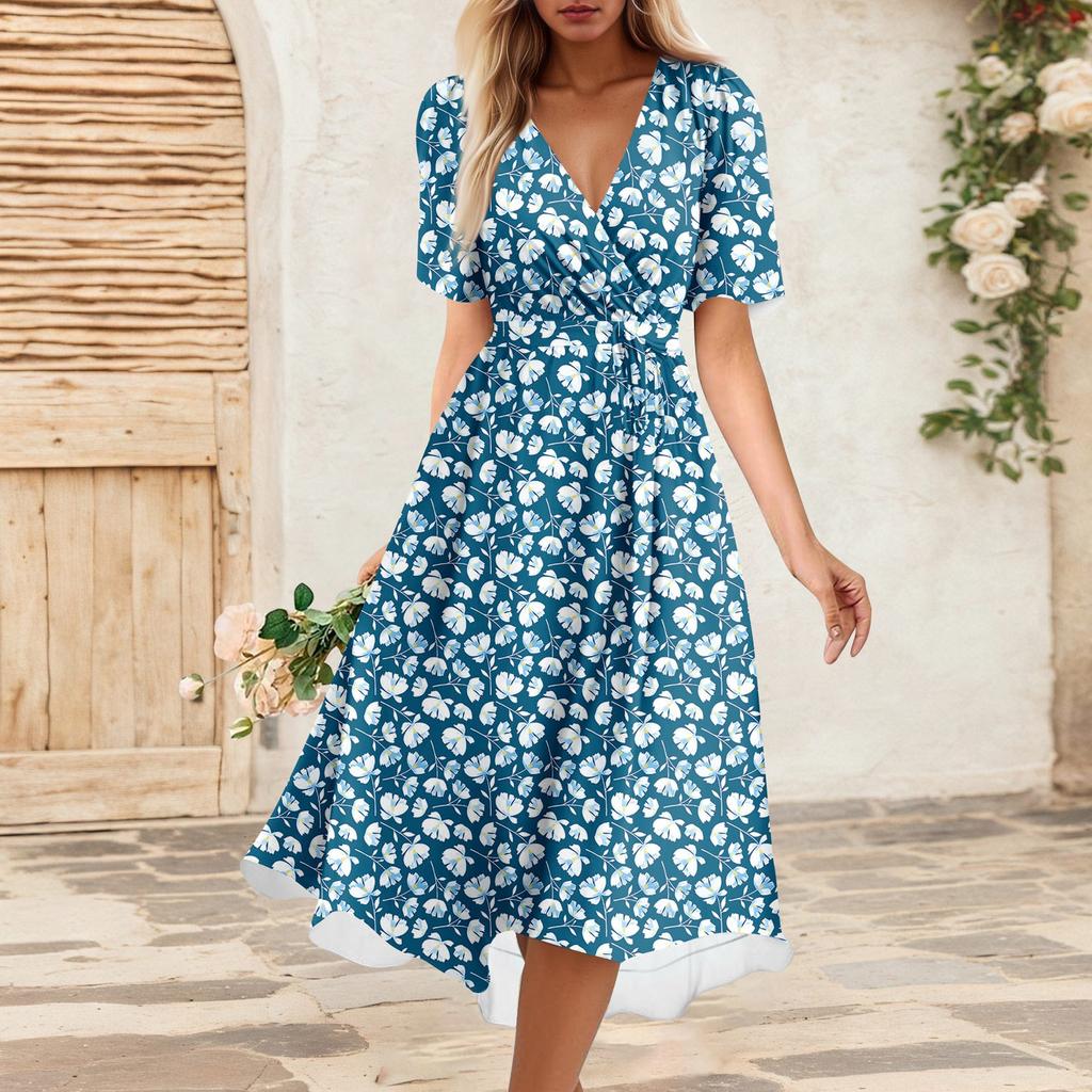 Women's Summer Loose V Neck Short Sleeve Dress, Elegant Dress