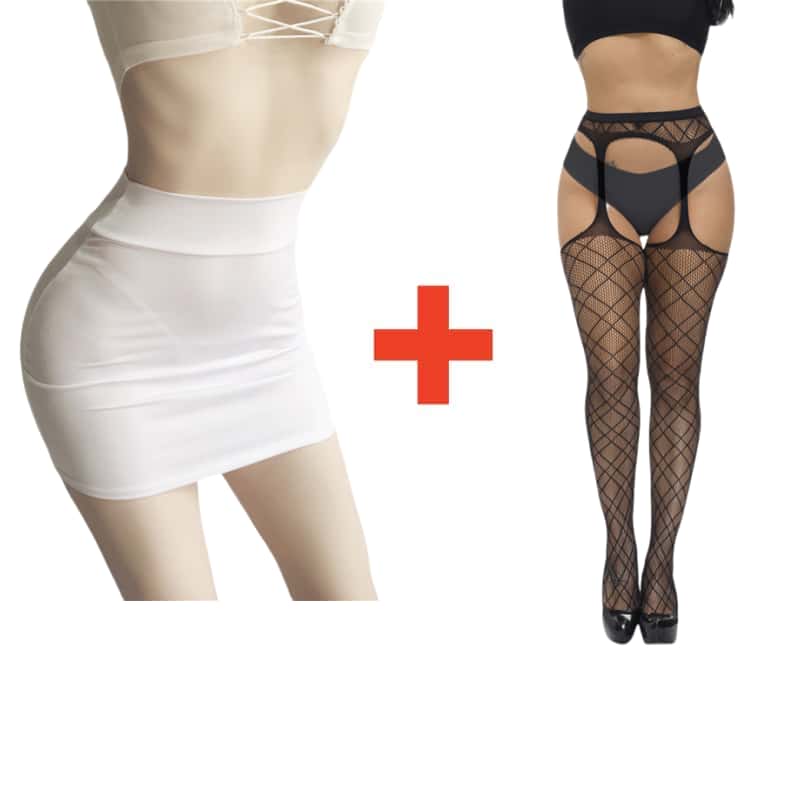 2PCS/SET Women High Waist Pencil Mini Skirts+Stockings Dress Set,Sexy Casual Wrap Hips Black Short Skirt and Pantyhose