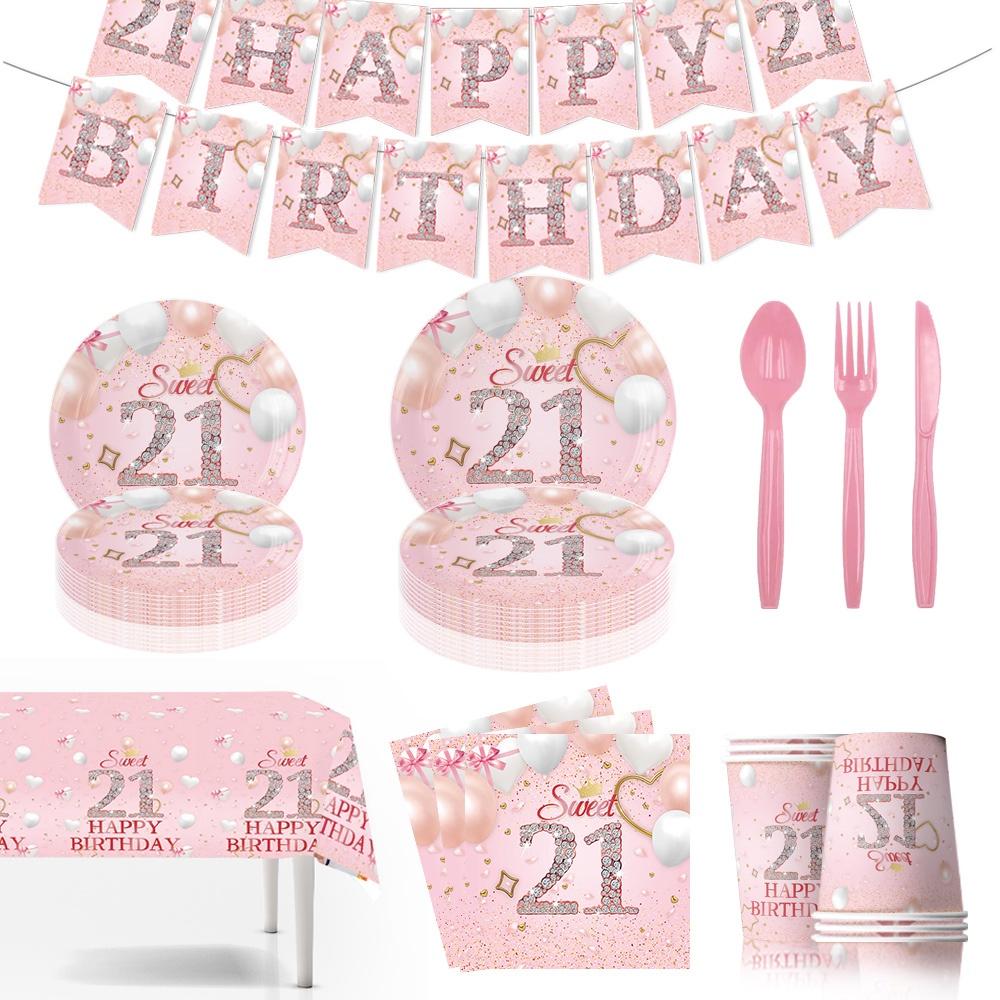 Disposable Party Supplies For 21st Birthday Pink Plates Cups Napkins And Tablecloth Set