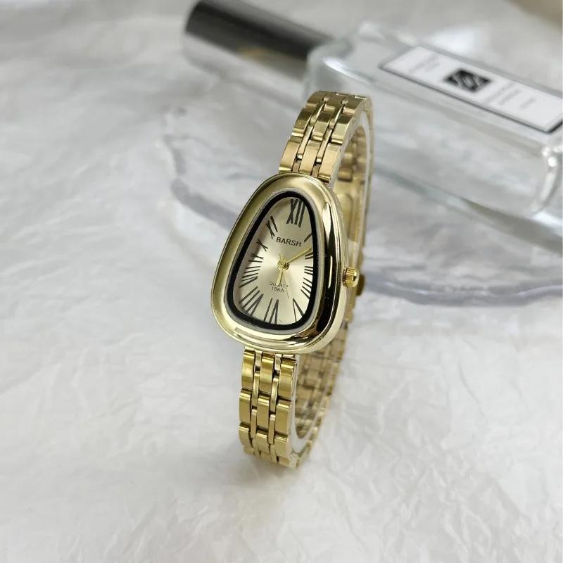 Damen Quarz Uhr mit unregelmäßigem Zifferblatt in Schlangenkopf-Optik, Edelstahlarmband, Armbanduhr, Mode, Luxusuhr