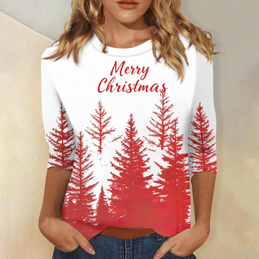 Women's Fashionable Casual Three Quarter Sleeve Christmas Printed Collar Pullover Top