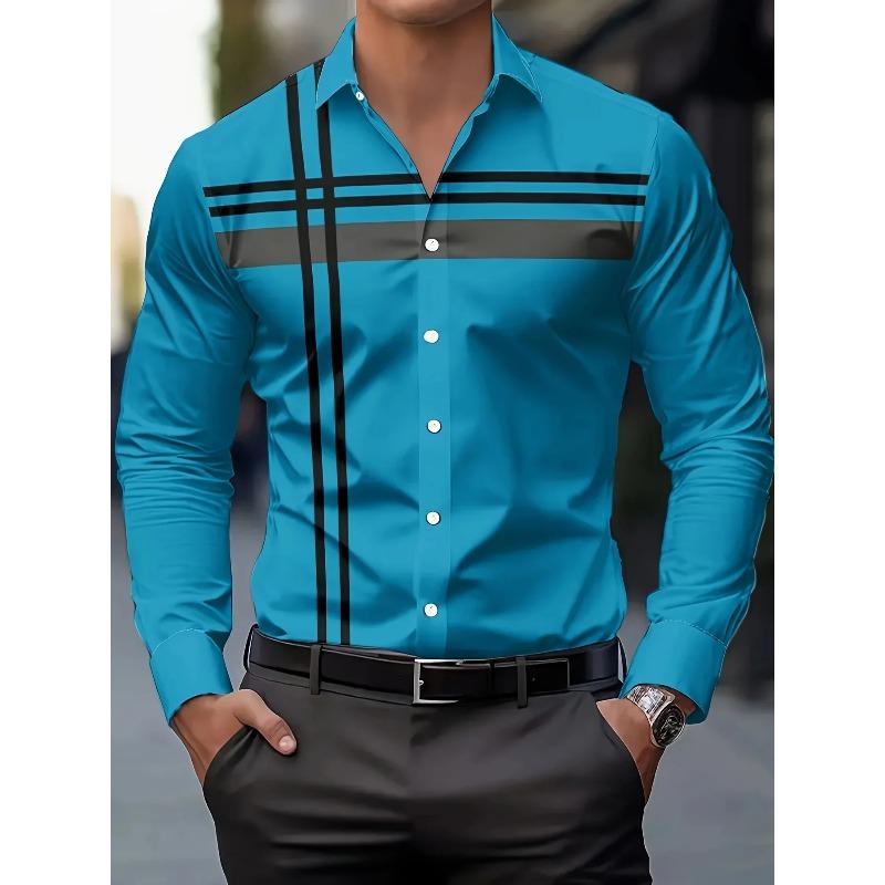 Men's Casual Dress Shirt with Modern Striped Design Regular Fit Long Sleeve Button-Up, Machine Washable for Spring Fall Office
