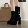 Vintage Platform Thick Heel Women Knee High Boots Fashion Slip On Shoes Autumn Winter Female Slim Suede Long Booties