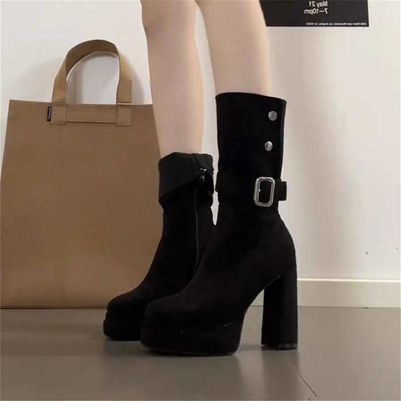 Vintage Platform Thick Heel Women Knee High Boots Fashion Slip On Shoes Autumn Winter Female Slim Suede Long Booties