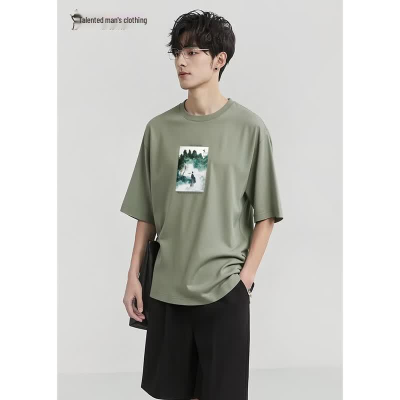 TRIES Men s Ink Wash Print Round Neck T-Shirt 50