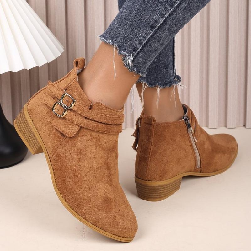 Large size Chelsea boots new side zipper buckle strap square heel pointed versatile women's boots
