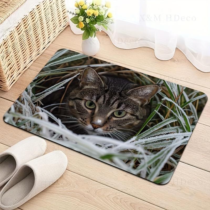 1Pcs Anti Fatigue Kitchen Rugs,  Cat In Grass Print Waterproof Non-Slip Thick Cushioned Kitchen Mat Heavy Duty Comfort Standing Mat for Kitchen