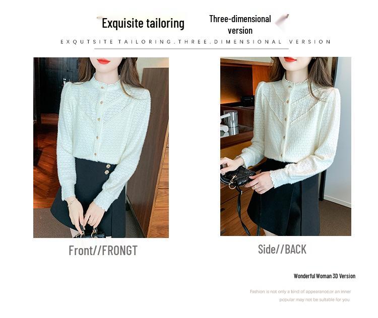 Damska koszula w stylu retro koreańskim, z polarową podszewką, bufiastymi rękawami i koronkowym wykończeniem na jesień/zimę 2025