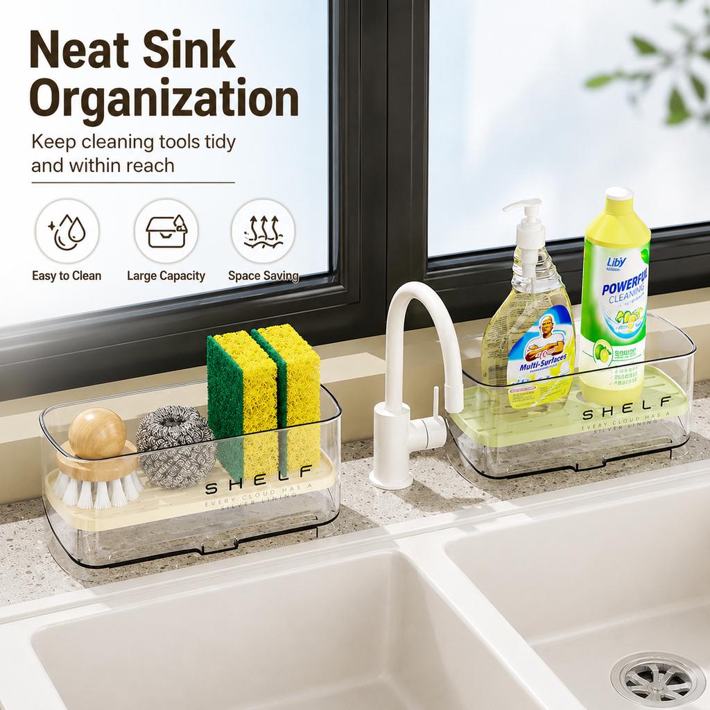 Kitchen Sink Sponge Holder PET ABS Countertop Drain Rack Large Capacity Dish Cloth Storage Organizer