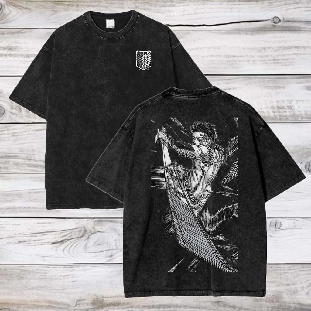 Rivaille Attack on Titan Manga Print T-Shirt Für Herren Damen Kleidung Baumwolle Kurzarm T-Shirts Vintage Gewaschen Übergroß Streetwear