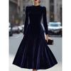 Women Velvet Round Neck Long Sleeve Casual Midi Swing Dress
