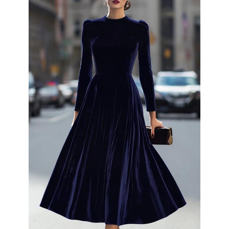 Women Velvet Round Neck Long Sleeve Casual Midi Swing Dress