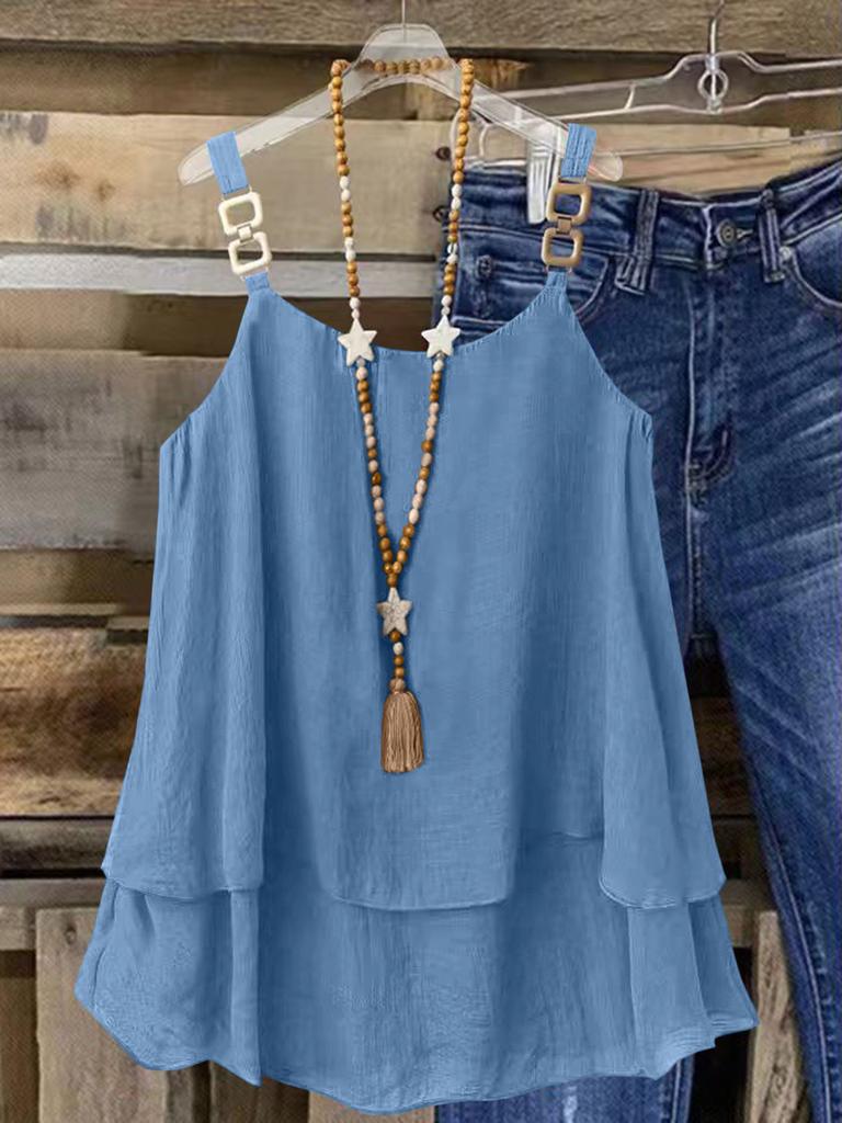 Spring and summer new crew neck women's clothing casual loose fashion elegant commuter vacation solid color double suspender top