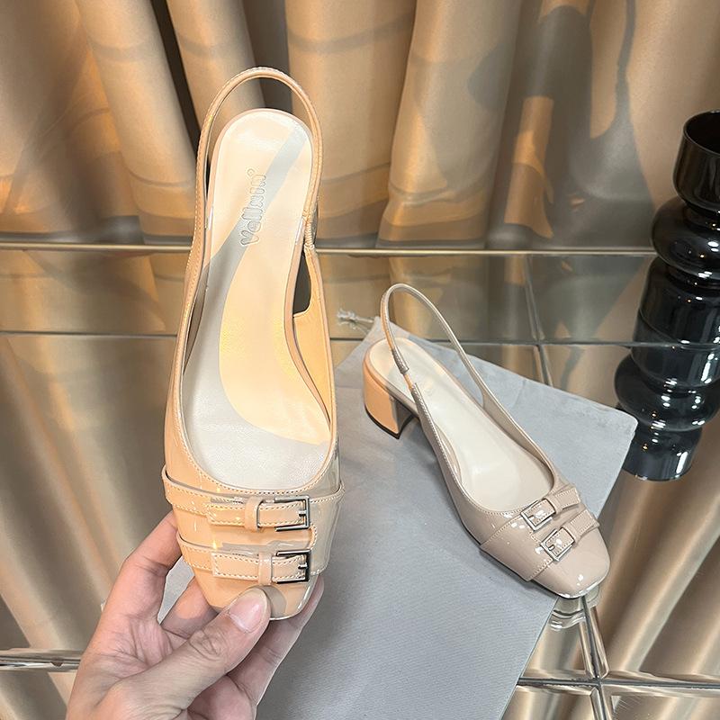 Fashion After Empty Square Head Single Shoes Women With 2025 Spring And Autumn New Temperament Patent Leather Toe Sandals Women Thick He