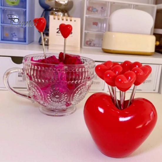 5/10Pcs Heart-Shaped Fruit Forks Set Dessert Cake Appetizer Picks with Love Holder Reusable Kitchen Utensils