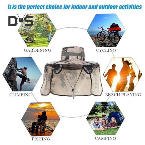 Solar-Ventilator-Hut mit Nackenklappe, LSF 50+, UV-Schutz, Hut mit 2 Solar-Ventilatoren, atmungsaktiv, für Herren, Sommer, Outdoor-Aktivitäten, Angeln, breite Krempe