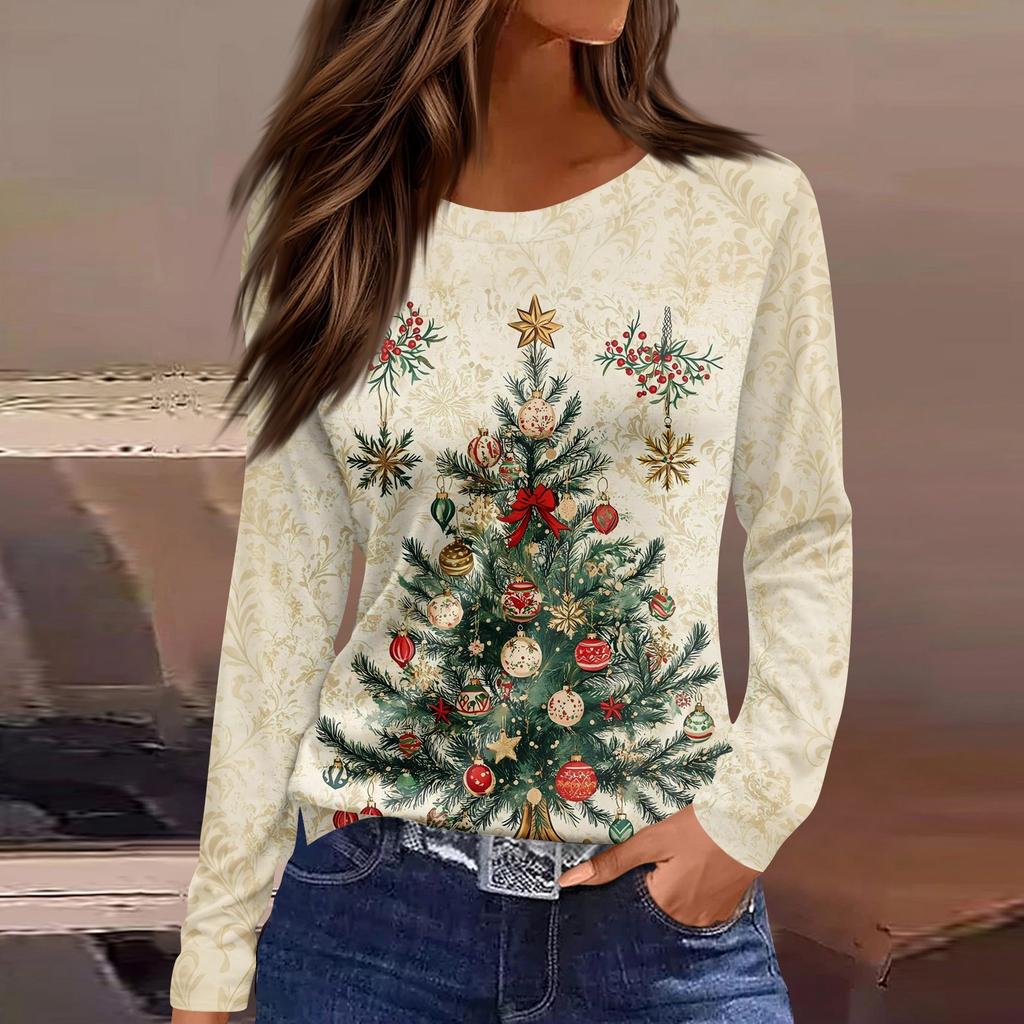 Women's Fashion Casual Slit Hem Round Neck Long Sleeve Loose Christmas Printed T-Shirt Ladies Top