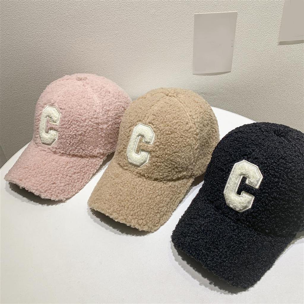 Adult Berber Fleece Baseball Cap Windproof Harajuku Duckbill Cap for Woman Girls Outdoor Hat with Embroidery C Letter