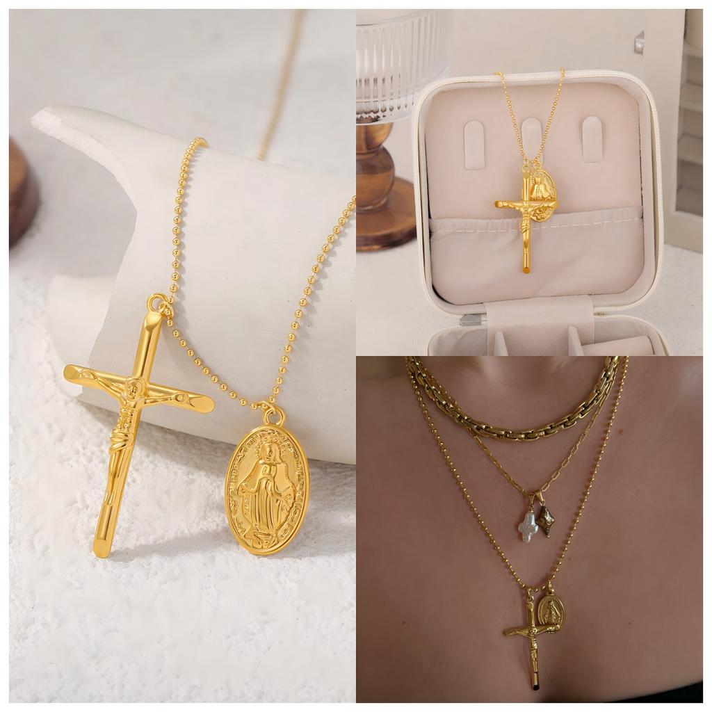 Vintage Cross Pendant Necklace Multi-layer Necklace Beautiful Head Round Bead Chain Collarbone Chain